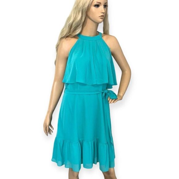 ELIZA J Halter Neck Tiered Popover Dress In Turquoise Blue Size 10 NEW - Picture 2 of 11